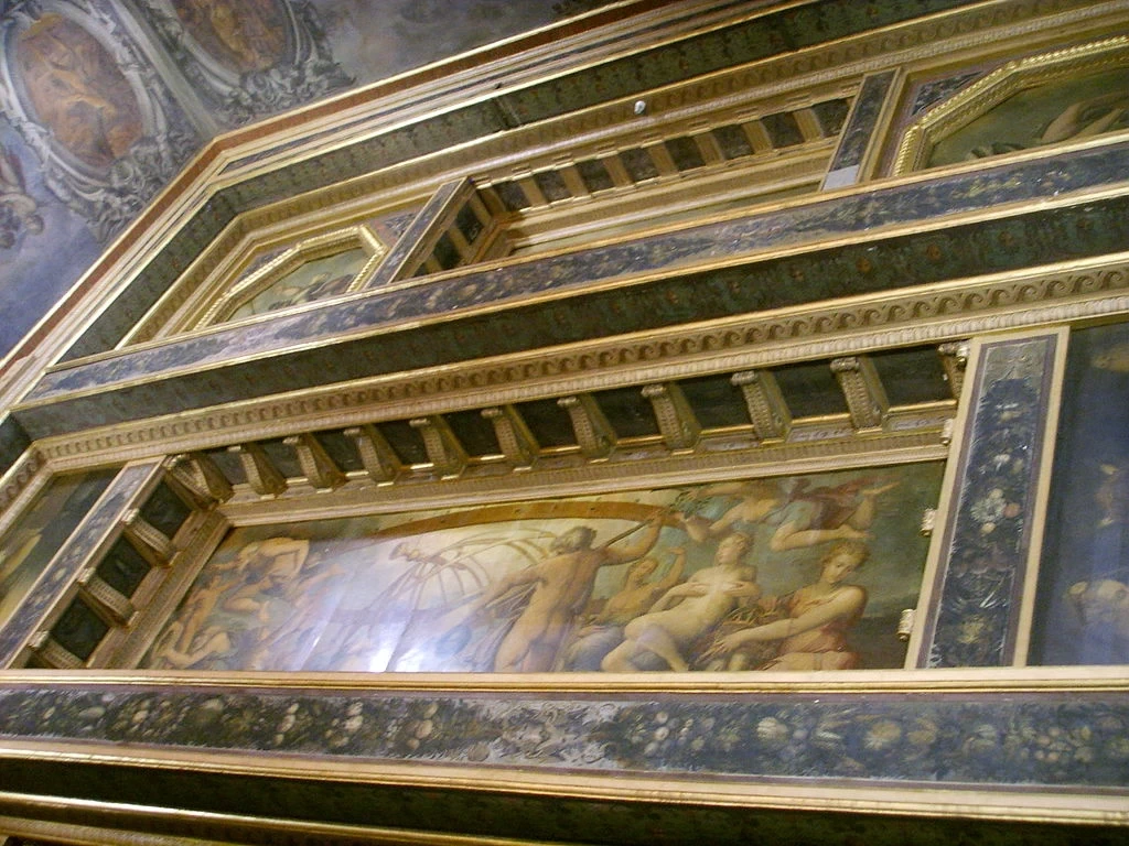 Sala degli elementi, aria, Saturno mutila il Cielo, di Vasari, C. Gherardi e Marco da Faenza